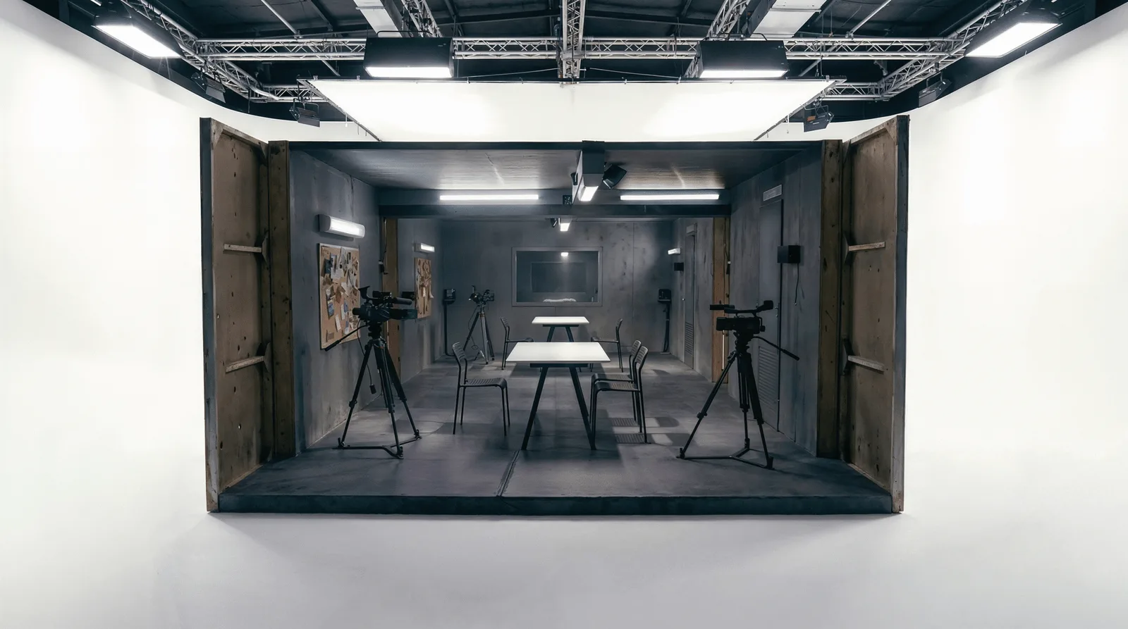 Décor d'Alibi posé au milieu d'un studio blanc : salle d'interrogatoire grise, plafond, néons et caméras sur pied